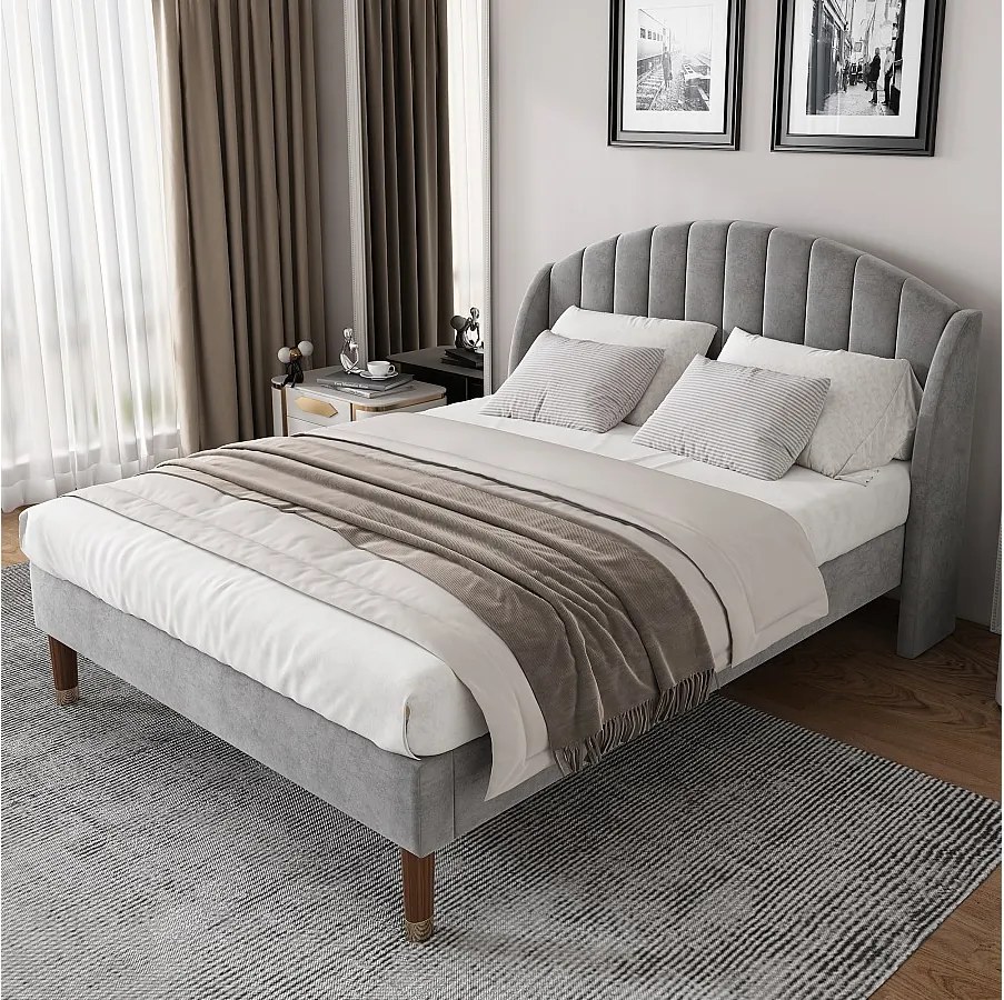 Łóżko z regulowanym zagłówkiem - 160 x 200 cm - aksamit - stelaż listwowy - szare