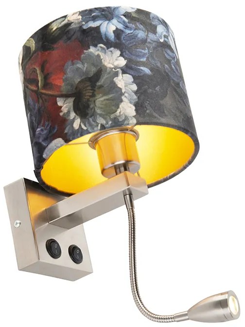 Srebrna lampa ścienna z aksamitnym abażurem z kwiatami i złotem - Brescia Nowoczesny Oswietlenie wewnetrzne