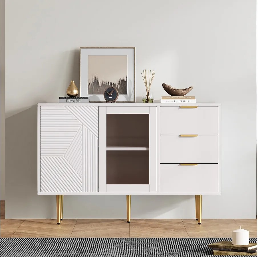 Komora niska, biała z 3 szufladami i 2 drzwiami, nogi metalowe, do salonu i jadalni