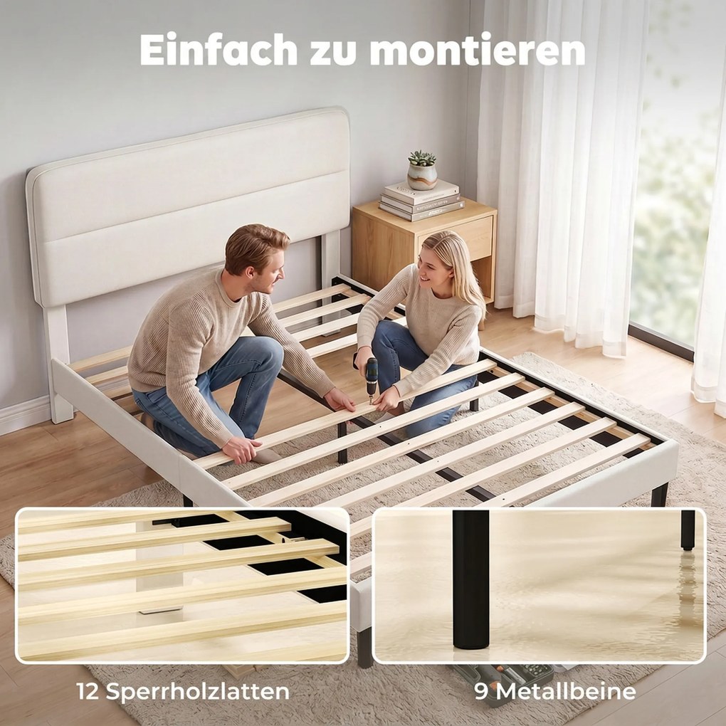 HOMCOM Rama łóżka 140 x 200 cm z regulowanym wezgłowiem, tapicerowane łóżko w wyglądzie lnu z 12 listwami ze sklejki, beżowy | Aosom PL