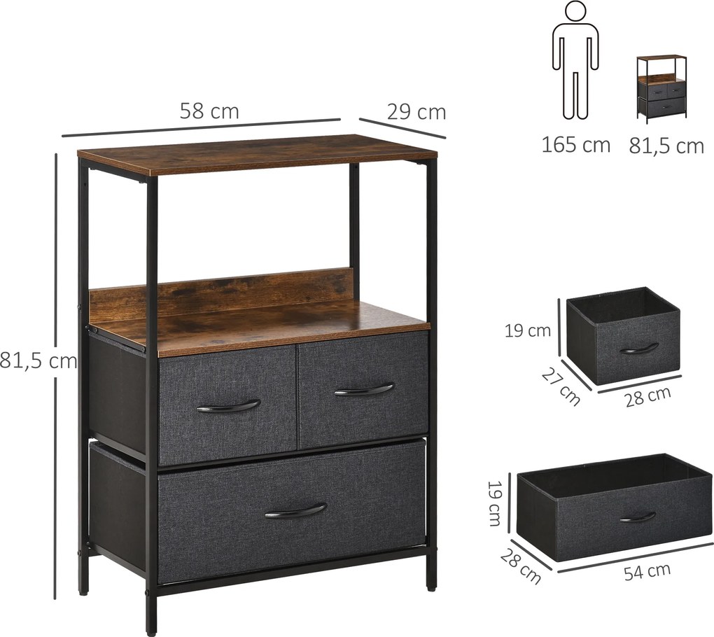 HOMCOM Czarna komoda z 3 szufladami lnianymi i półkami z uchwytami