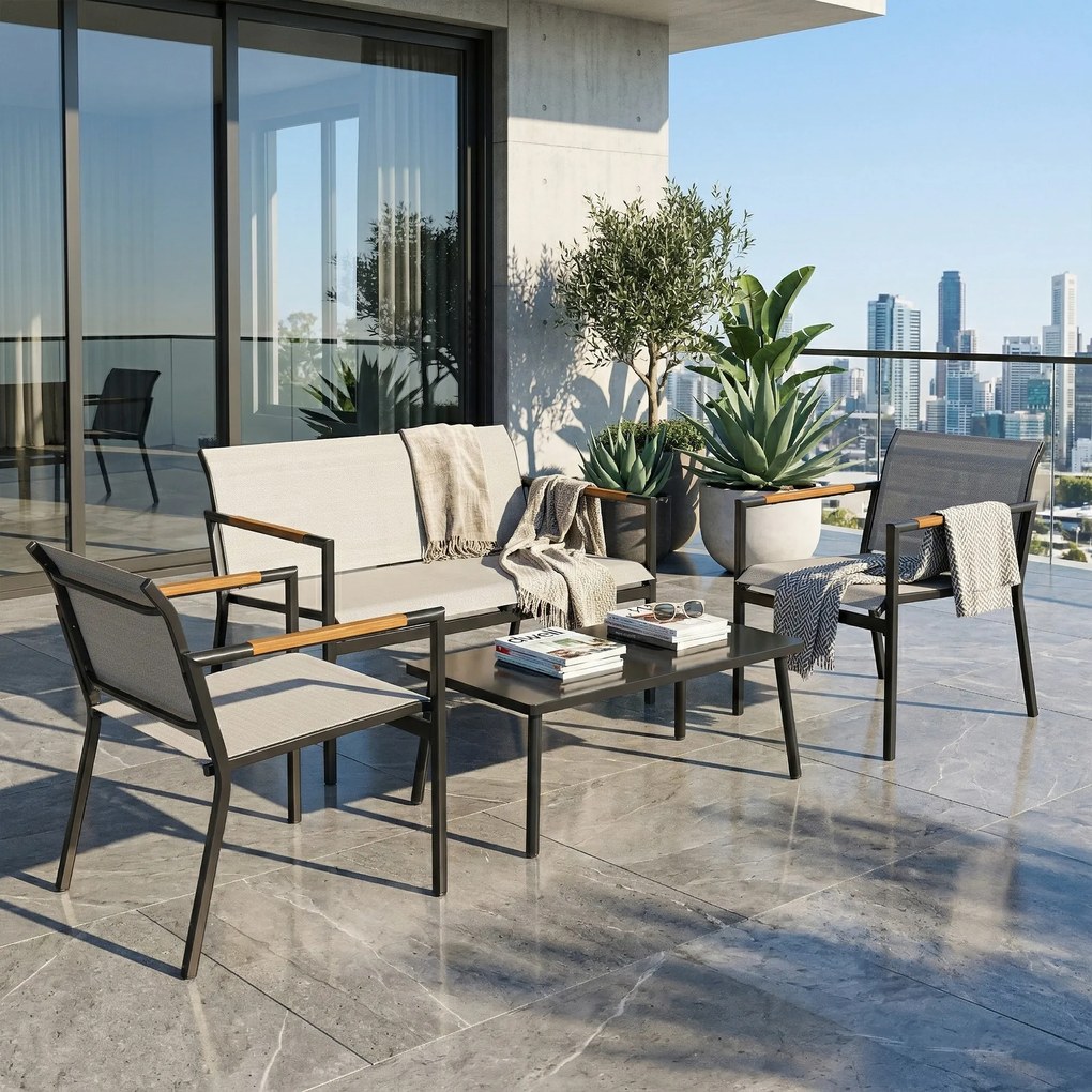 Outsunny Zestaw mebli ogrodowych 4 osobowy sofa dwuosobowa fotele stół metalowy na taras balkon ogród | Aosom PL