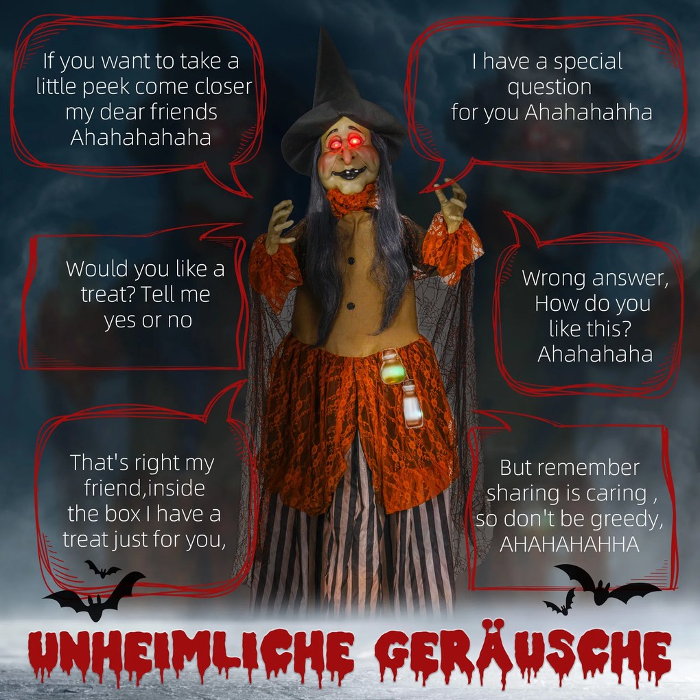 HOMCOM Wiedźma z Miksturą, Dekoracja Halloween, Straszne Dźwięki, Czerwone Oczy, Ruchoma, 183 cm