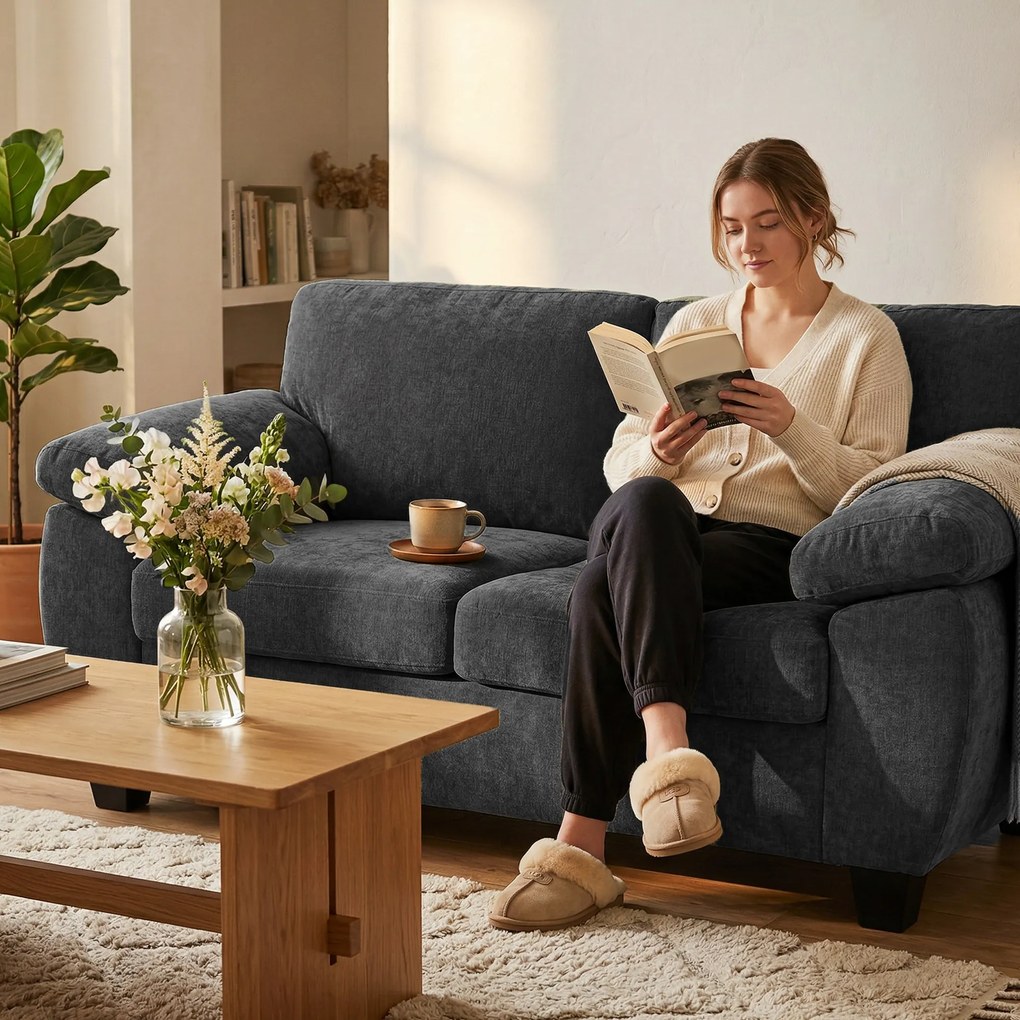 HOMCOM Sofa 2-osobowa, 156 cm sofa Chenille z grubymi poduszkami sprężynowymi, szerokimi tapicerowanymi podłokietnikami, obciążenie 300 kg, ciemnoszara | Aosom PL