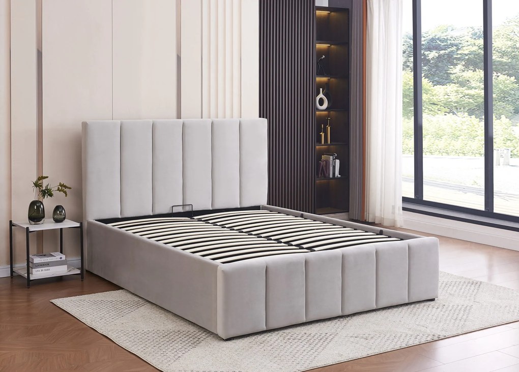 Łóżko Tapicerowane 140x200 Z MATERACEM, stelaż, pojemnik na pościel ecru PRATO