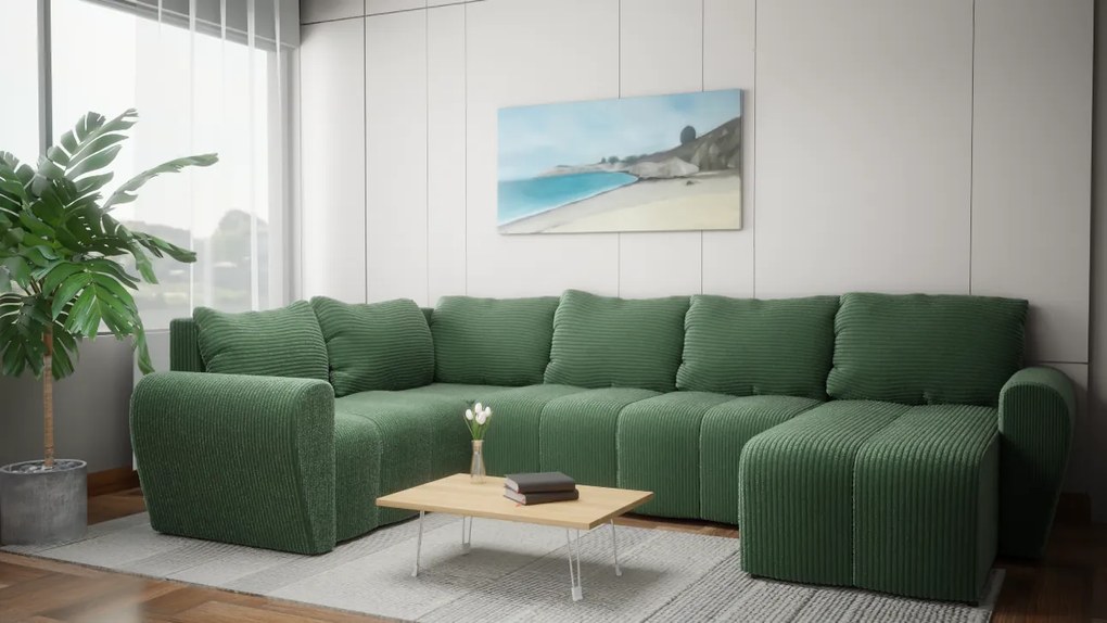 Narożnik wolnostojący wyposażony w praktyczny pojemnik Bueno XL - szara sztruksowa tkanina, prawy