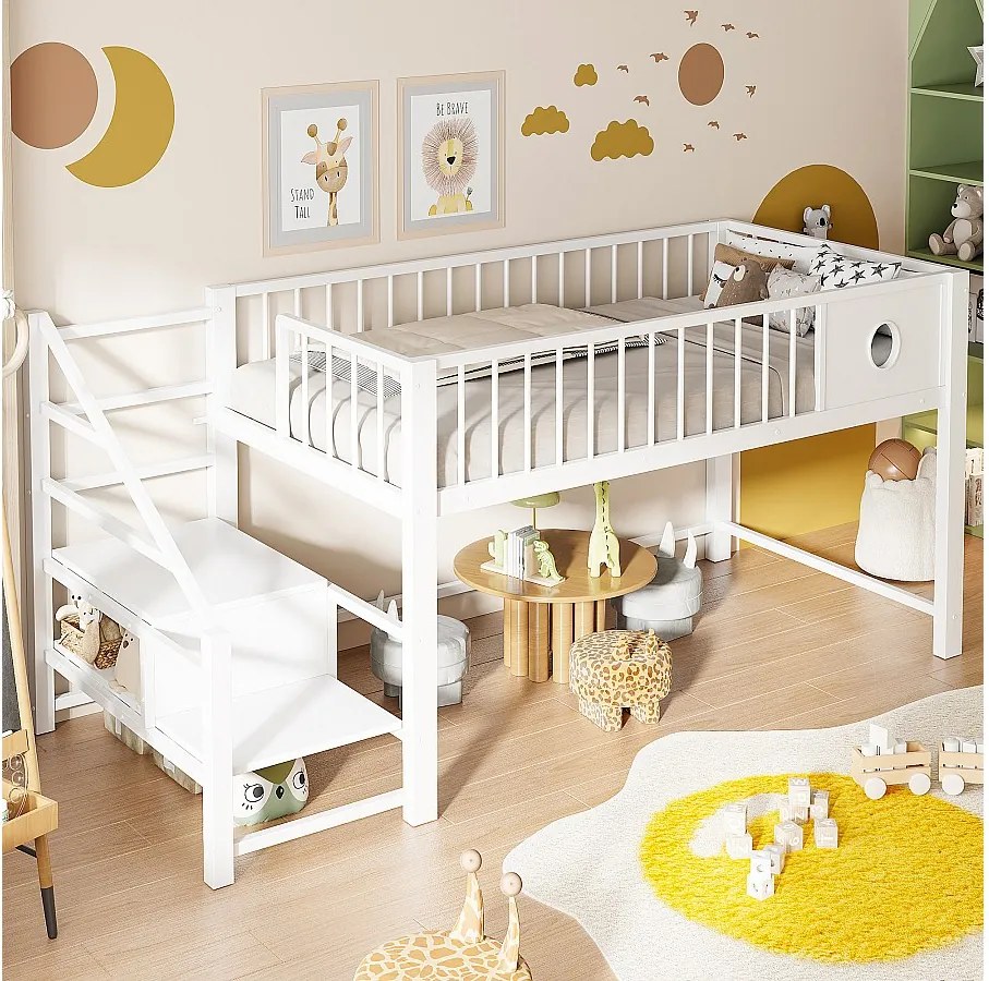 Łóżko piętrowe dla dzieci niskie - 90 x 200 cm - z drabinką do przechowywania - rama metalowa - białe