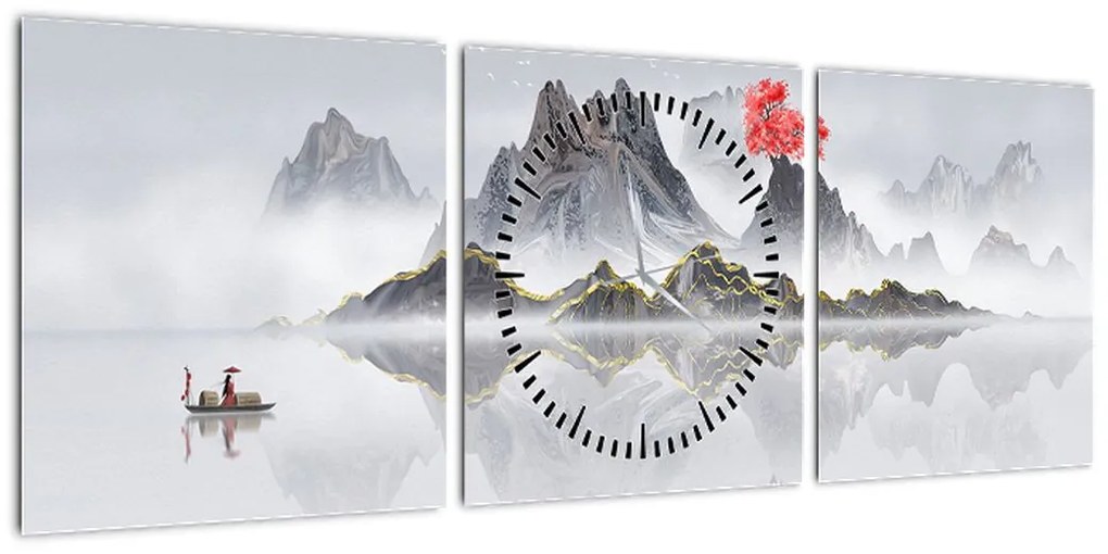 Obraz - Góry we mgle (z zegarem) (90x30 cm)
