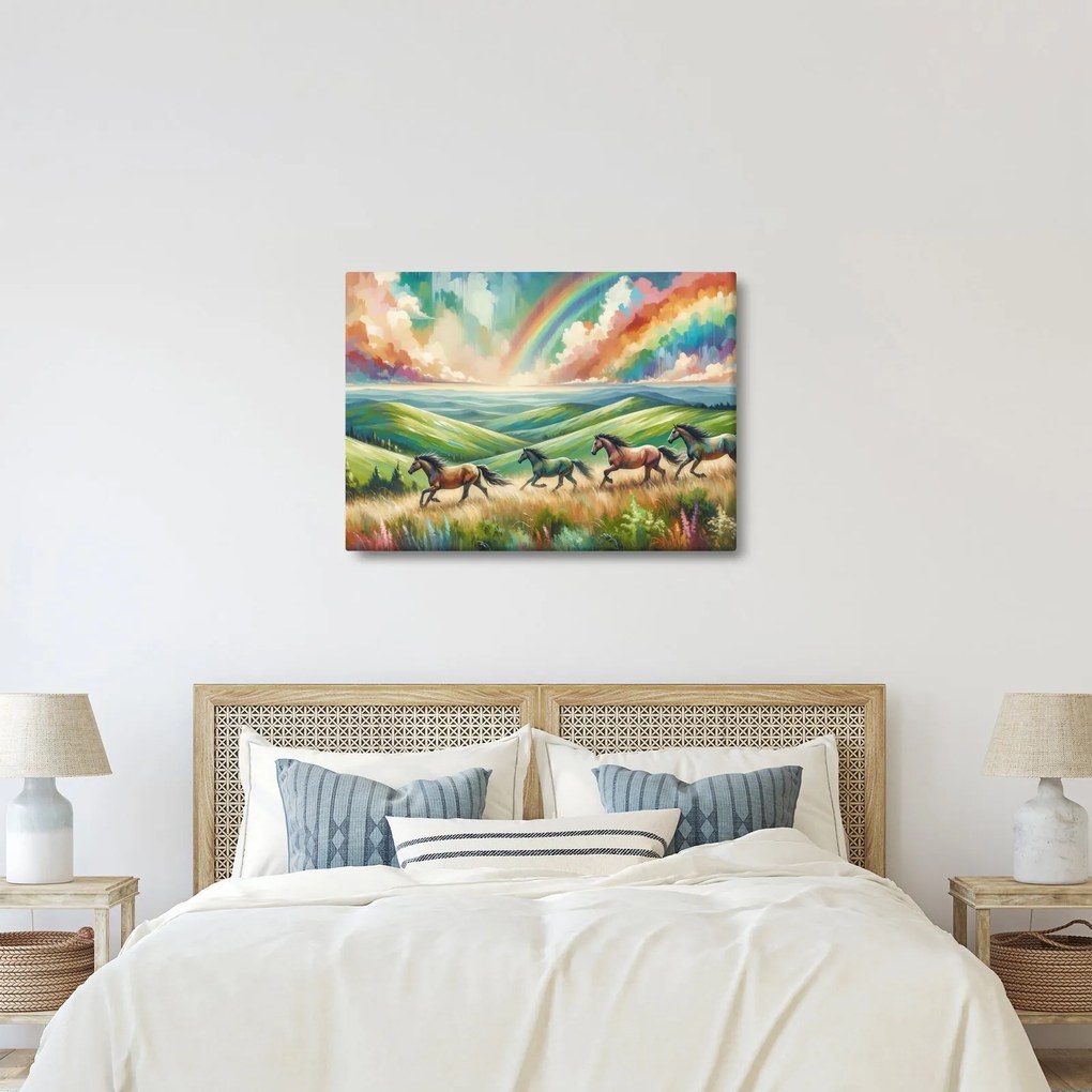 Obraz – Konie galopujące przez krajobraz (70x50 cm)