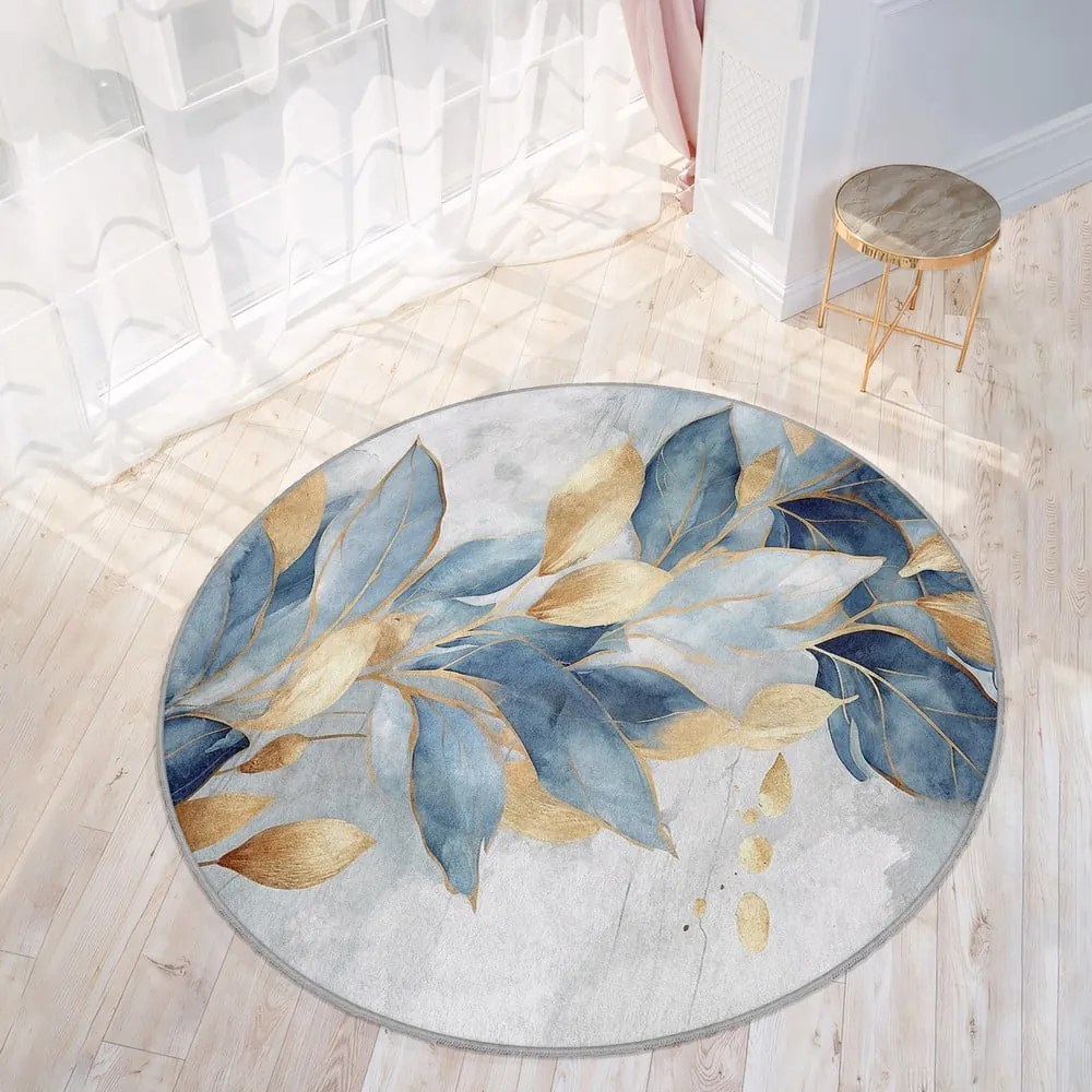 Okrągły dywan w niebiesko-złotym kolorze odpowiedni do prania ø 150 cm Golden Leaves – Mila Home