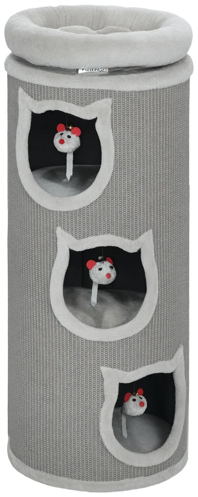 PawHut Beczka do drapania dla kotów, 96 cm, 4-poziomowa wieża dla kotów z możliwym do prania łóżkiem, 3 sypialnie, wiszące zabawki, dla wielu kotów Szary
