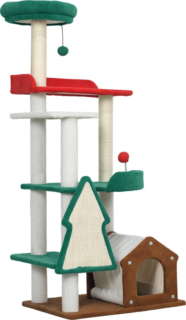 PawHut 135 cm Drapak dla kotów w świątecznych kolorach z łóżkiem dla kota, domkiem, słupkami do drapania, platformami do skakania, zabawkami z piłkami