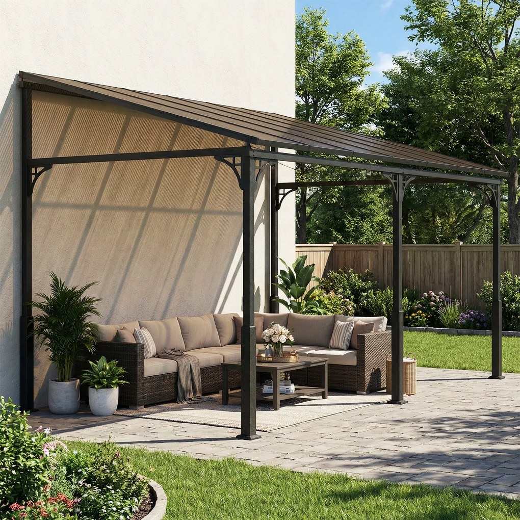 Outsunny Pergola ścienna 4 x 3 m Zadaszenie tarasowe z nachylonym dachem poliwęglanowym, metalowo-aluminiowa rama, montaż naścienny | Aosom PL