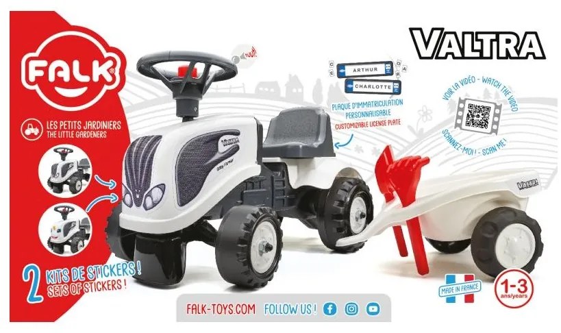 Falk traktorek baby valtra biały z przyczepką + akc. od 1 roku