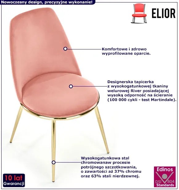 Różowe krzesło glamour welurowe na złotej podstawie - Givero