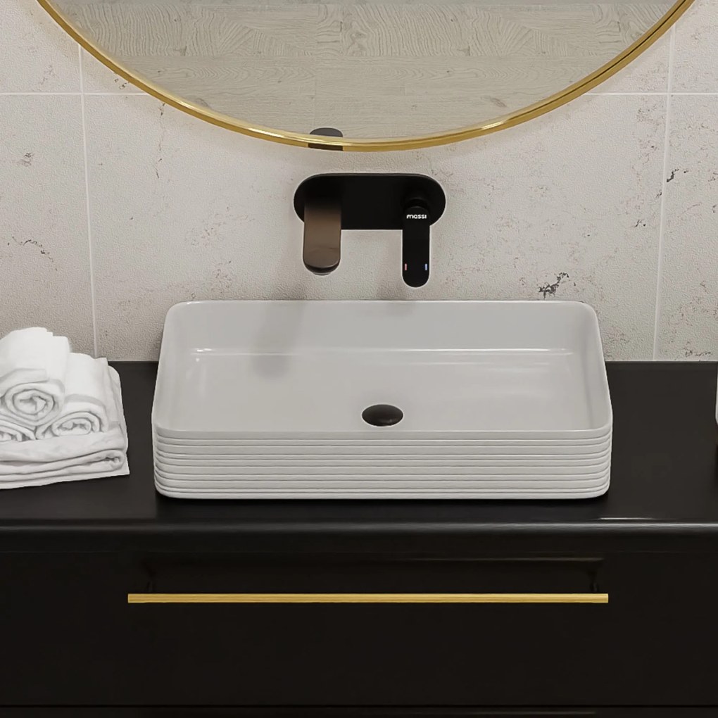 Umywalka ceramiczna nablatowa prostokątna ryflowana biała 67 x 38 cm LAMI