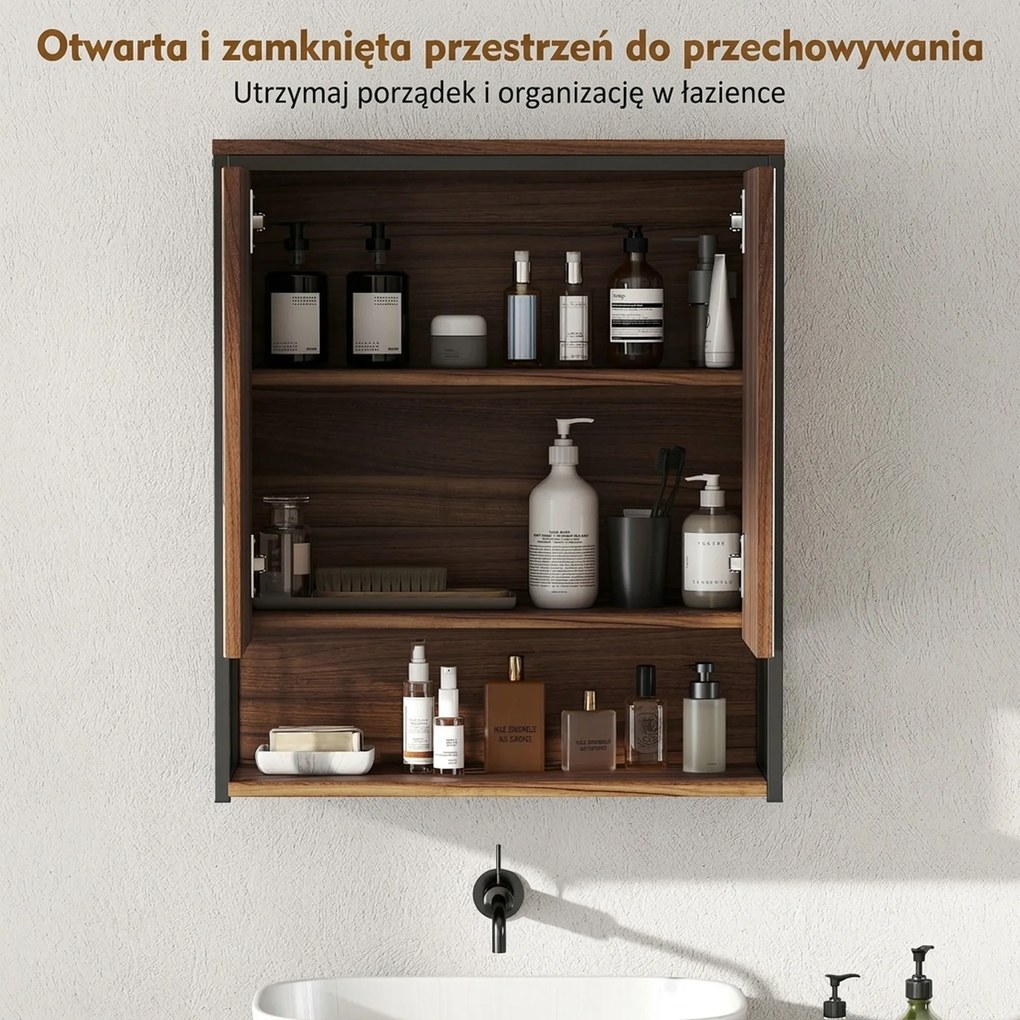 HOMCOM Wisząca szafka z lustrem do łazienki, Szafka łazienkowa z MDF i płyty wiórowej, Brązowa