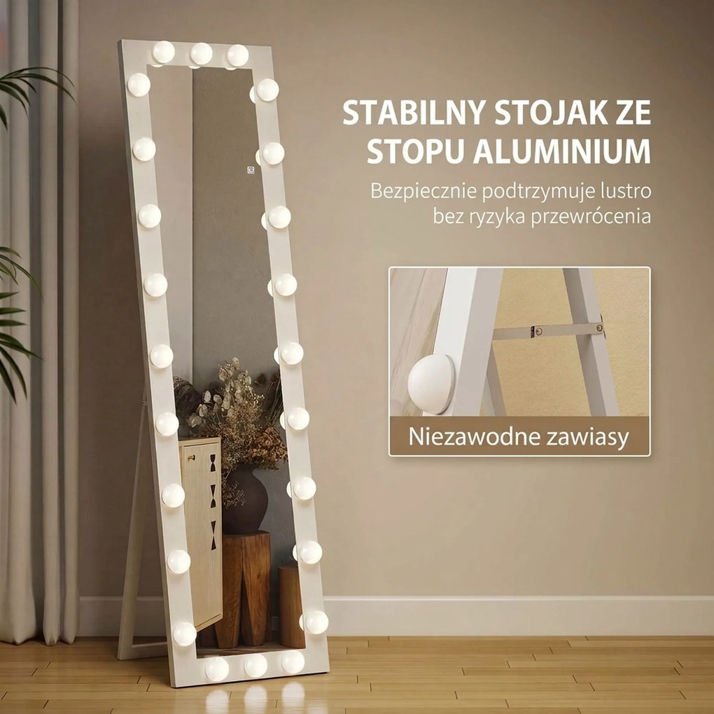 HOMCOM Lustro całopostaci 150x40 cm Lustro LED z 24 żarówkami 3 barwy światła, wolnostojące, do oparcia lub montażu na ścianie Biały | Aosom PL