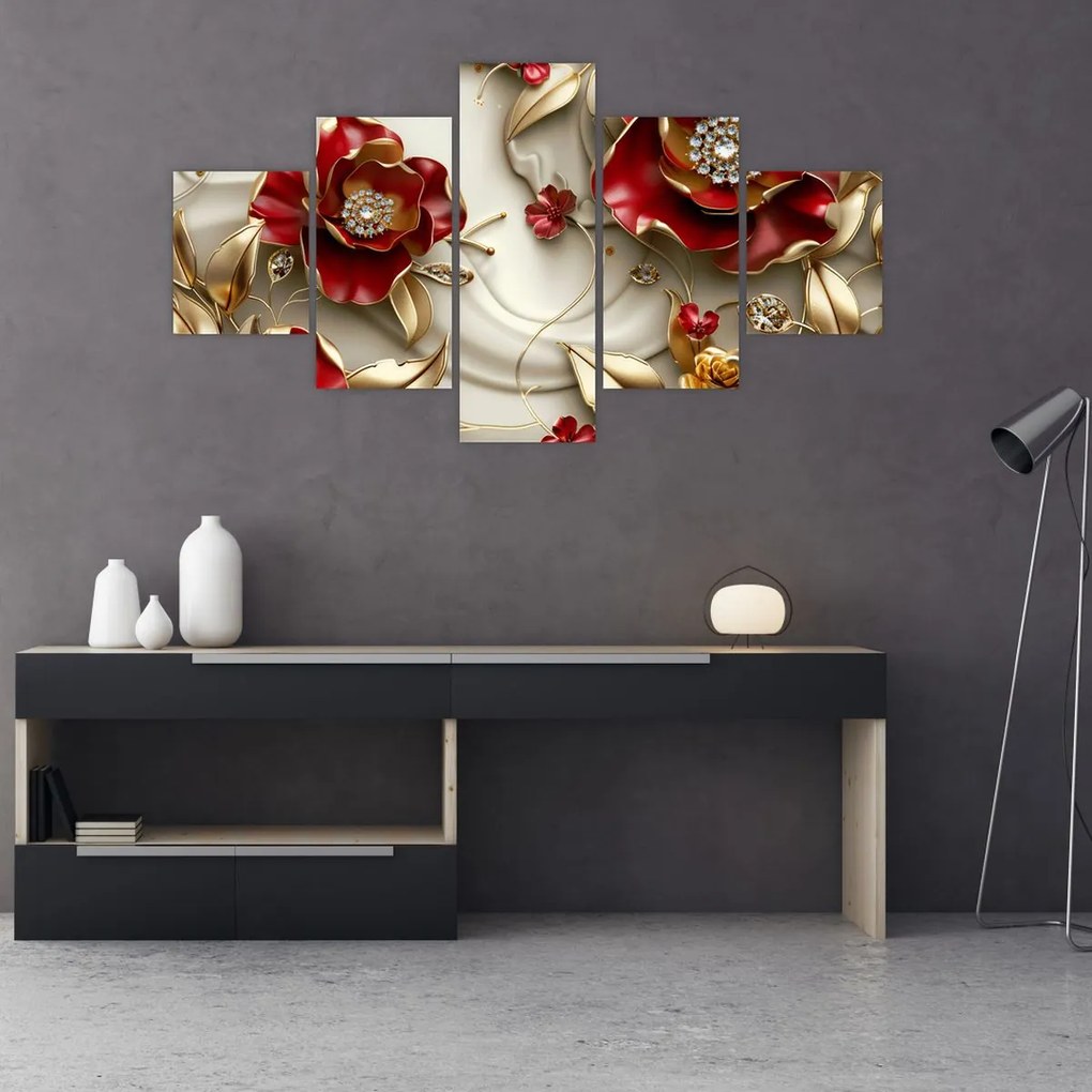 Obraz - 3D czerwono-złote kwiaty (125x70 cm)