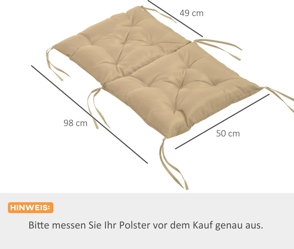 Outsunny Zestaw 2 poduszek na siedziska, 98 x 50 cm, poduszki na krzesła z trokami, pokrowiec materiałowy, 8cm grubości Khaki | Aosom PL