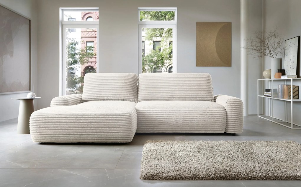 Masseno Narożnik OSSO z funkcją spania i pojemnikiem na pościel Narozniki L, Rozkładana sofa - Kremowy, AMBIENCE 01