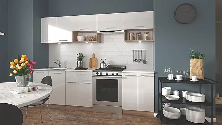 Zestaw mebli kuchennych biały połysk + dąb sonoma - Marit