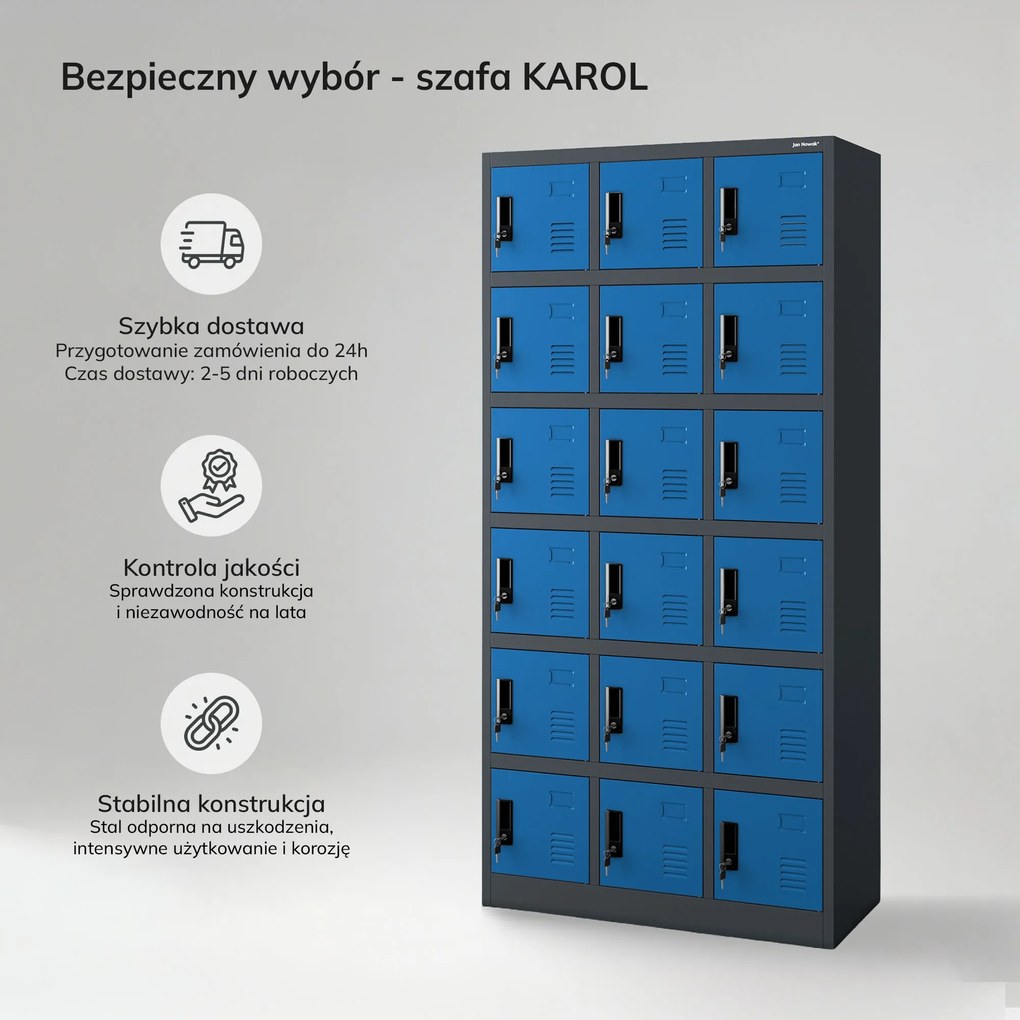 Szafka pracownicza skrytkowa 18-skrytkowa antracytowo-niebieska, 900x1850x400 mm: KAROL