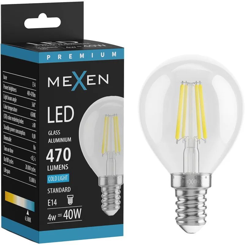 Mexen Vintis żarówka filament LED E14, G45, 4W, Zimna - 6500K, 470 lm, clear - L156-E14-0465-00