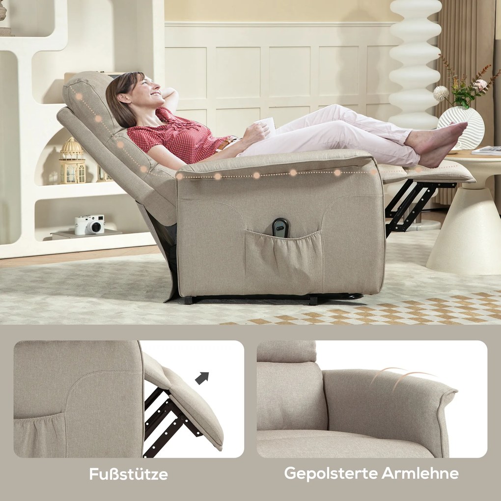 HOMCOM Fotel relax z elektryczną pomocą wstania, regulowalne oparcie/podnóżek, do 120 kg, 66 x 90 x 96 cm, Kolor beżowy