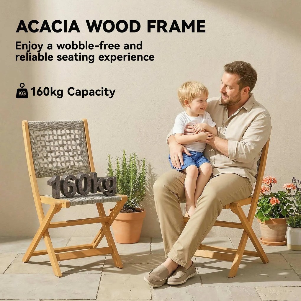 Outsunny Krzesła Ogrodowe 2 Sztuki FSC Składane z Oddychającym Siedziskiem Wygodna Wysokość z Litego Drewna i Polirattanu | Aosom PL