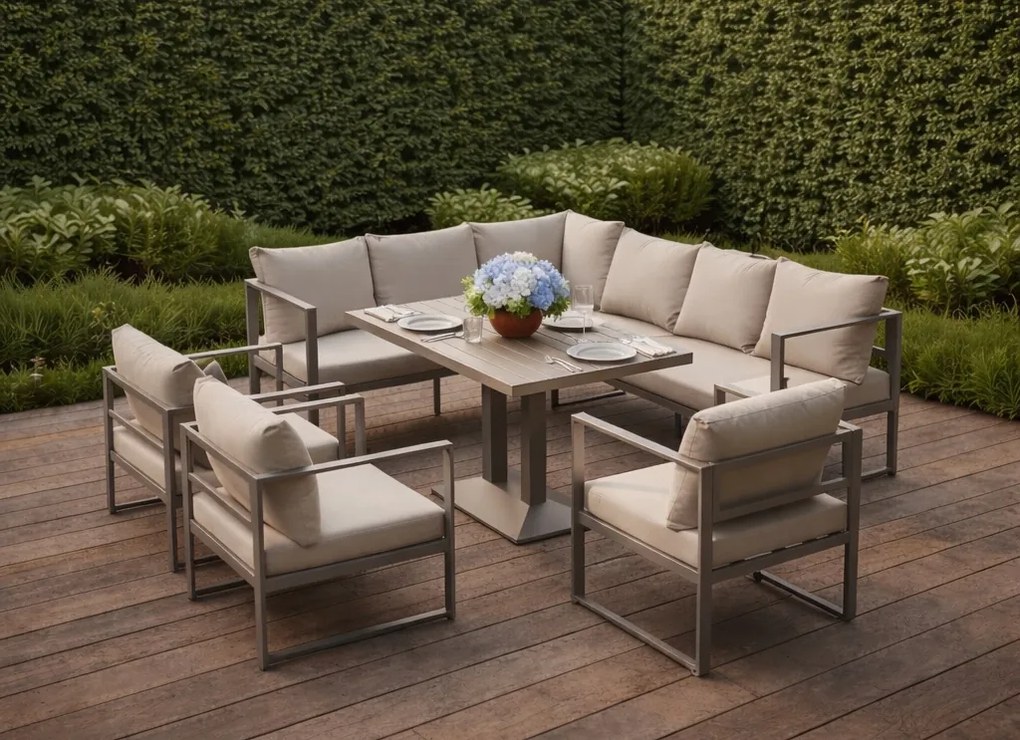 Narożnik ogrodowy Bellagio 001 z fotelami i stołem, szary, poduszki beżowe