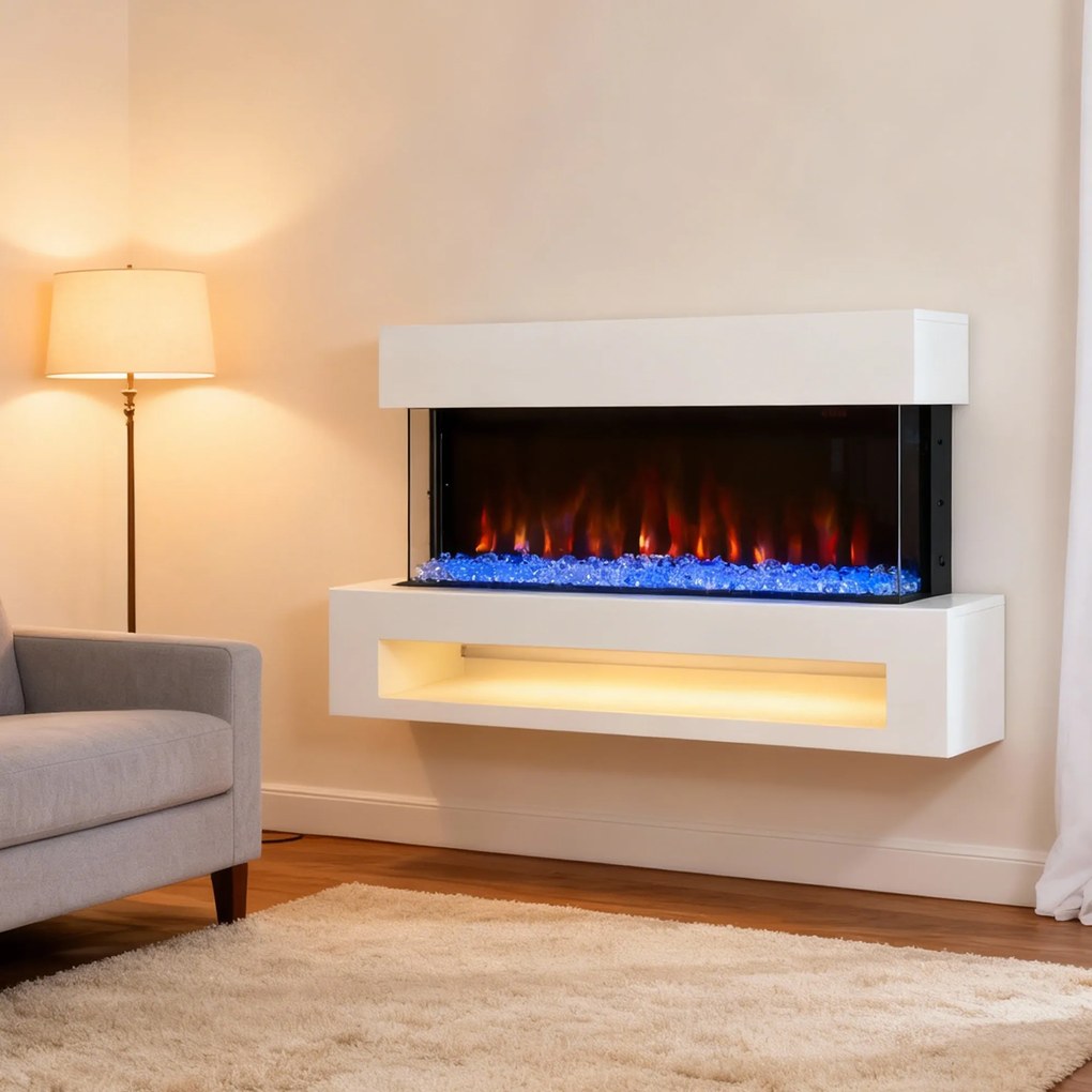 HOMCOM Kominek elektryczny z 11 kolorami płomieni, 10 kolorami kryształowego podłoża, 1000W/2000W, pilot, uniwersalny, Biały