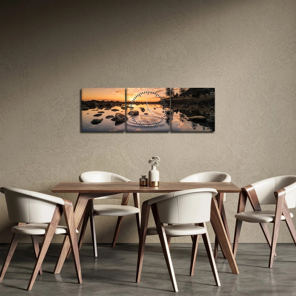 Obraz powierzchni wody o zachodzie słońca (z zegarem) (90x30 cm)