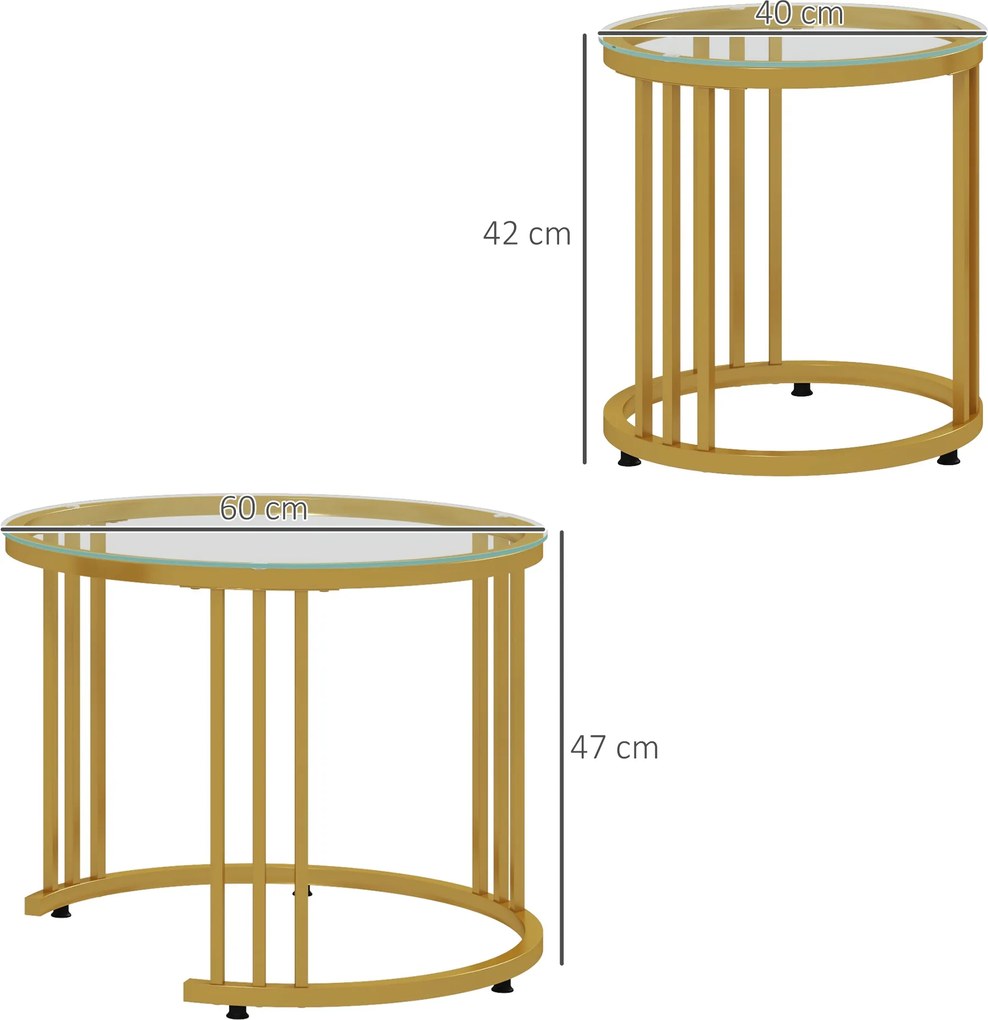 HOMCOM Zestaw 2 Stolików, Stoliki Pomocnicze, Stal Węglowa, Blat Ze Szkła Hartowanego, Ø60x47/Ø40x42 cm, Złoty