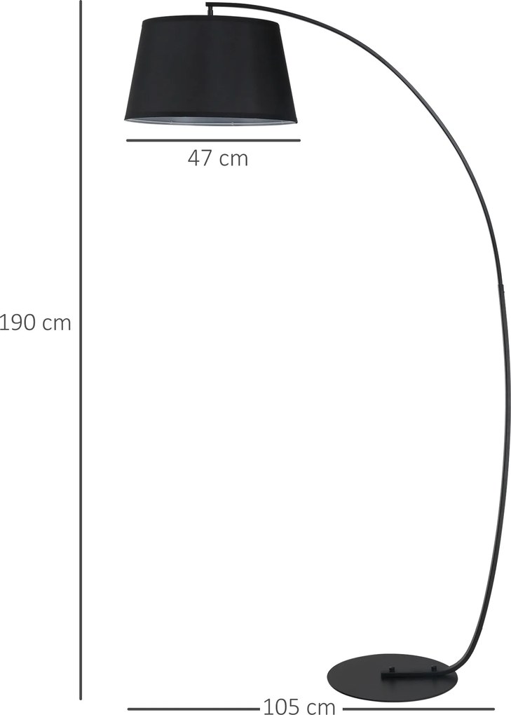 HOMCOM Lampa Stojąca z Abażurem z Tkaniny, Łukowa Lampa Podłogowa z Okrągłą Podstawą, Metal, 105L x 47S x 190W cm, Czarna
