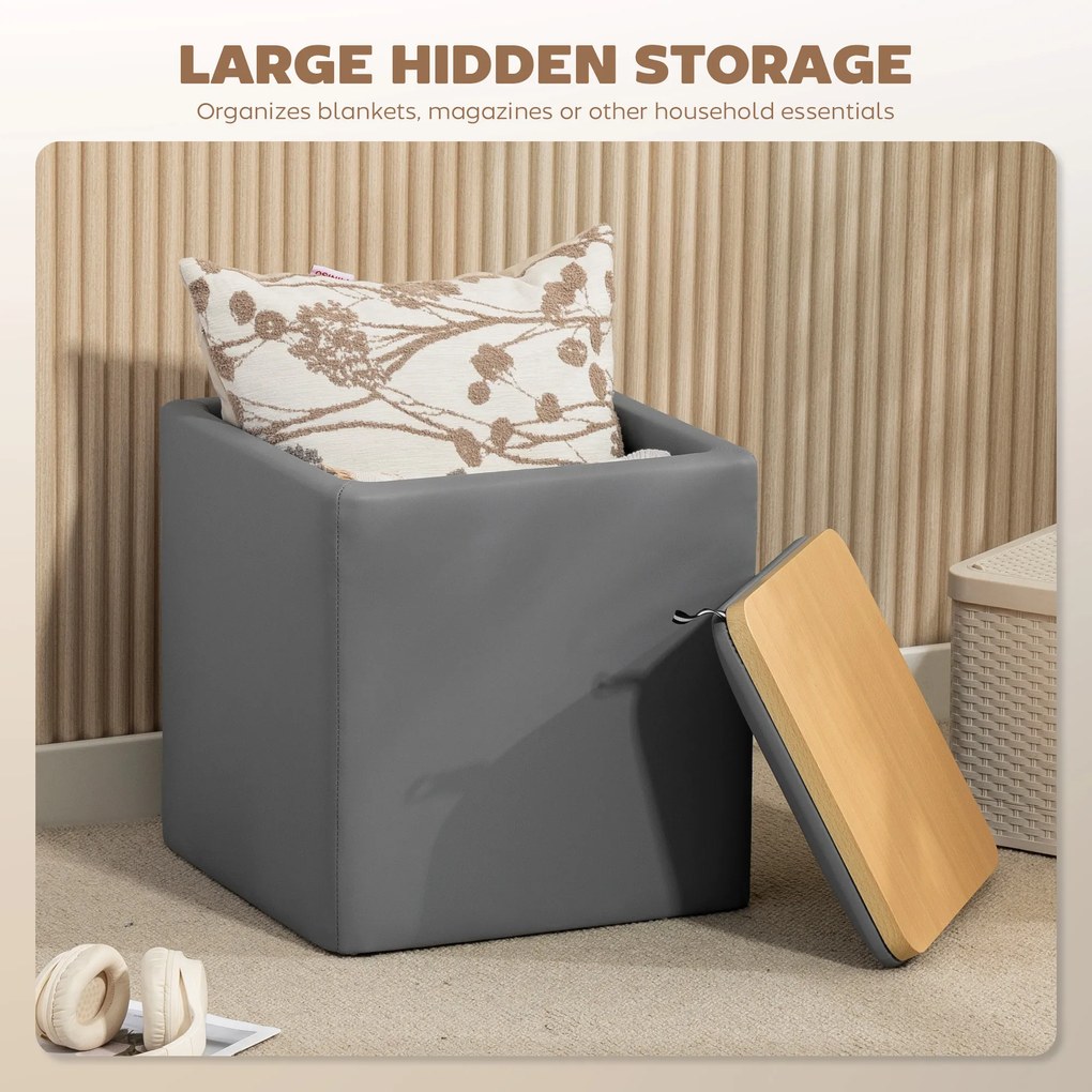 HOMCOM Pufa z miejscem do przechowywania z pokrywą, Kwadratowy podnóżek, Pufa z ekoskóry 40 x 40 x 40 cm Szary