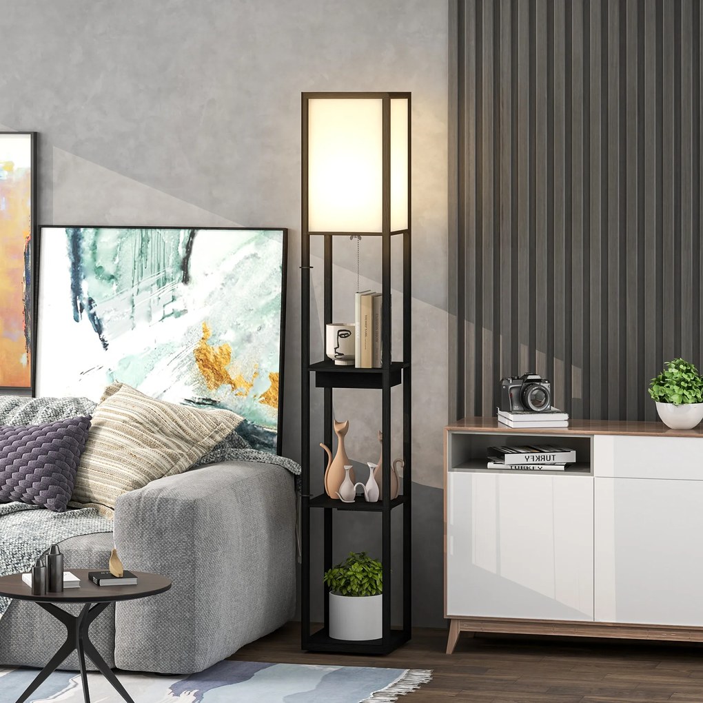 HOMCOM Lampa Stojąca z 3-Poziomową Półką, Przełącznikiem Nożnym, Portami USB, MDF, Czarny