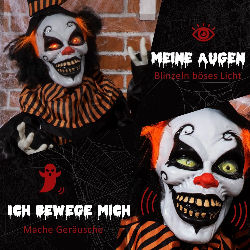 Outsunny Dekoracja Halloween Horror Clown ze specjalnymi efektami i dźwiękiem 100 cm x 18 cm x 153 cm