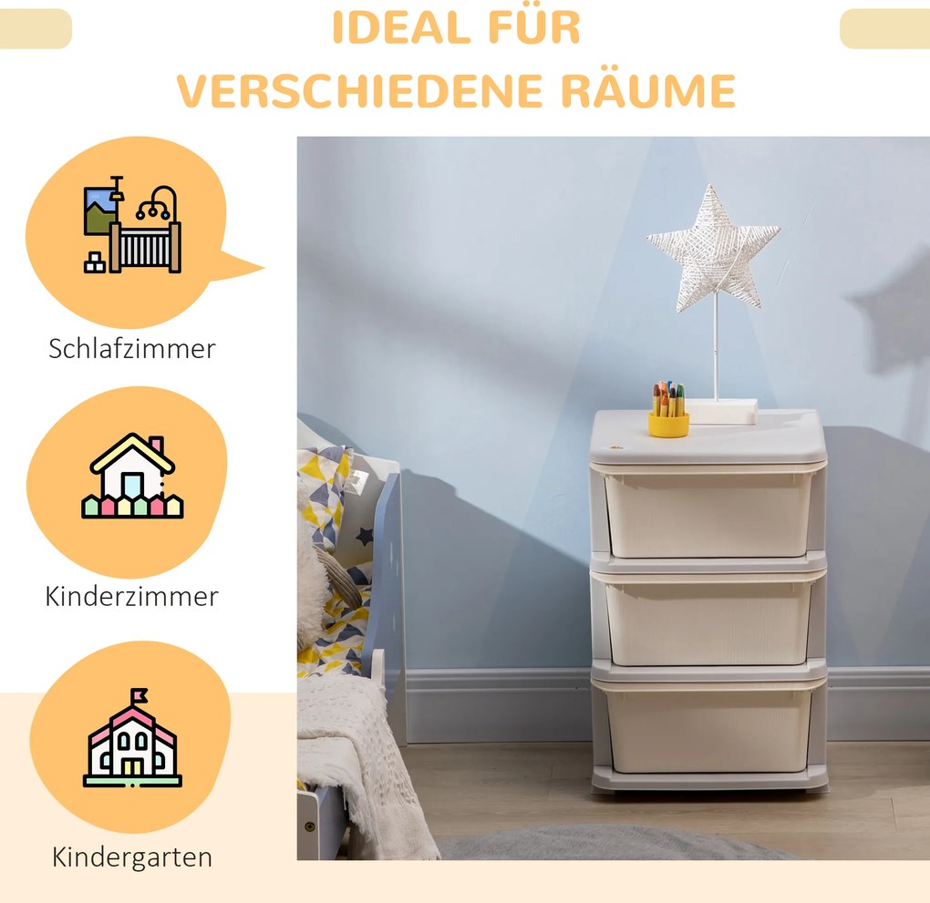 HOMCOM Pudełka do Przechowywania dla Dzieci, 3 Duże Szuflady, Zaokrąglone Krawędzie, Plastik, 37x37x56,5 cm, Kremowy