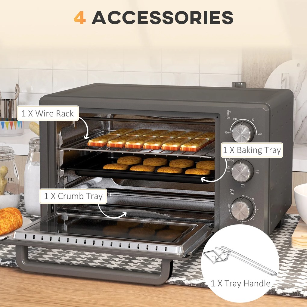 HOMCOM Minipiekarnik, 21 L Piekarnik tosterowy z 1 rusztem i 1 blachą, 3 tryby gotowania, 100 °C-230 °C, Stal nierdzewna, Szkło, Szary