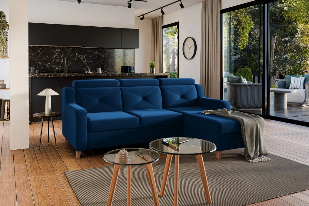 Narożnik Laksaro z funkcją spania prawostronny - niebieski welur Trinity 31