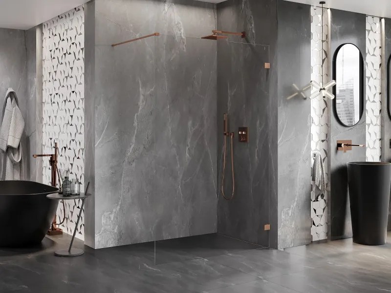 Mexen Lunar ścianka prysznicowa Walk-in prawa 80 x 200 cm, transparent 8 mm, miedź szczotkowana - 830-080-000-65-00-P