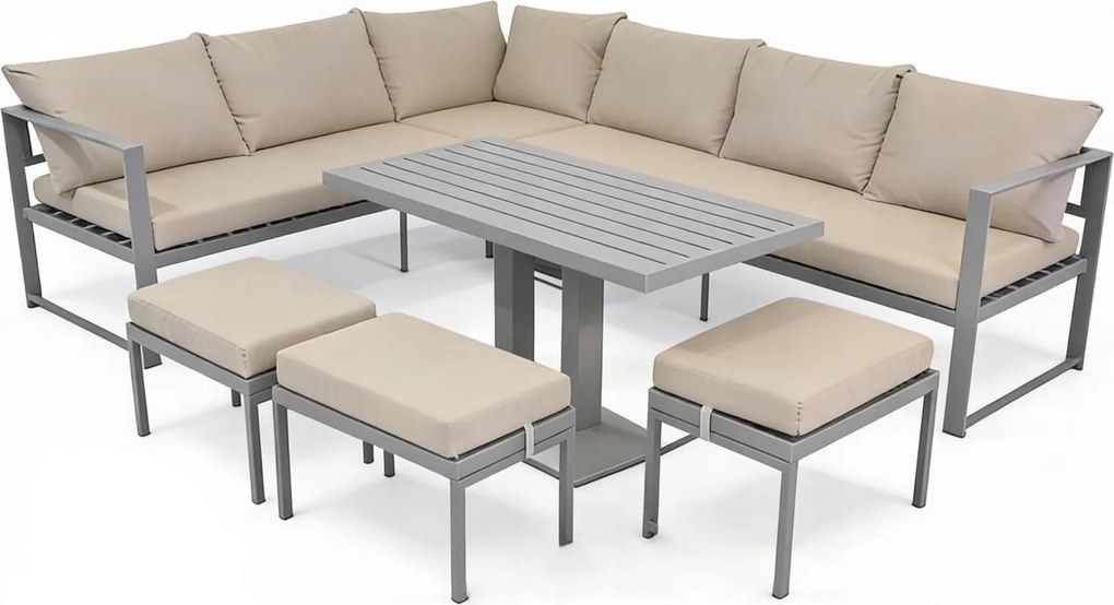 Narożnik ogrodowy Bellagio NM21-G-BR z pufami i ławostołem, szary, poduszki beżowe