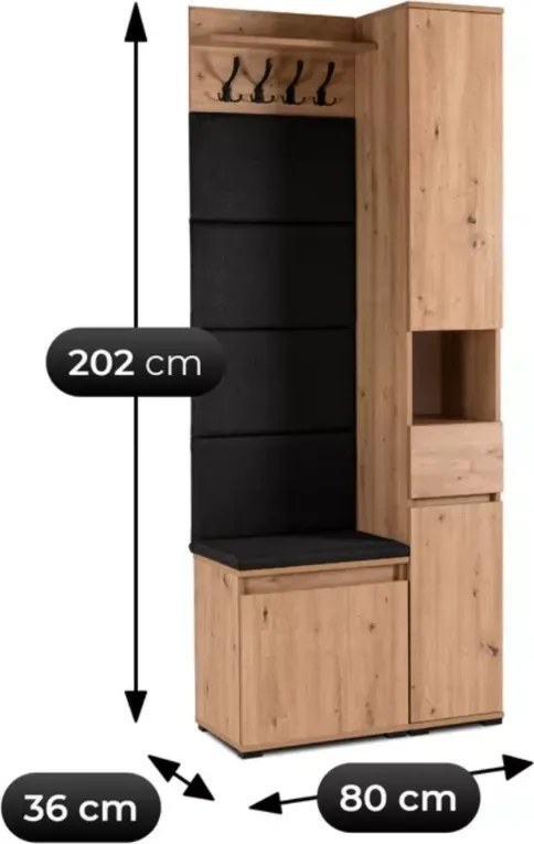 Szafka na buty z siedziskiem + panel ścienny + wysoki słupek Folk 80 cm grafit/dąb artisan