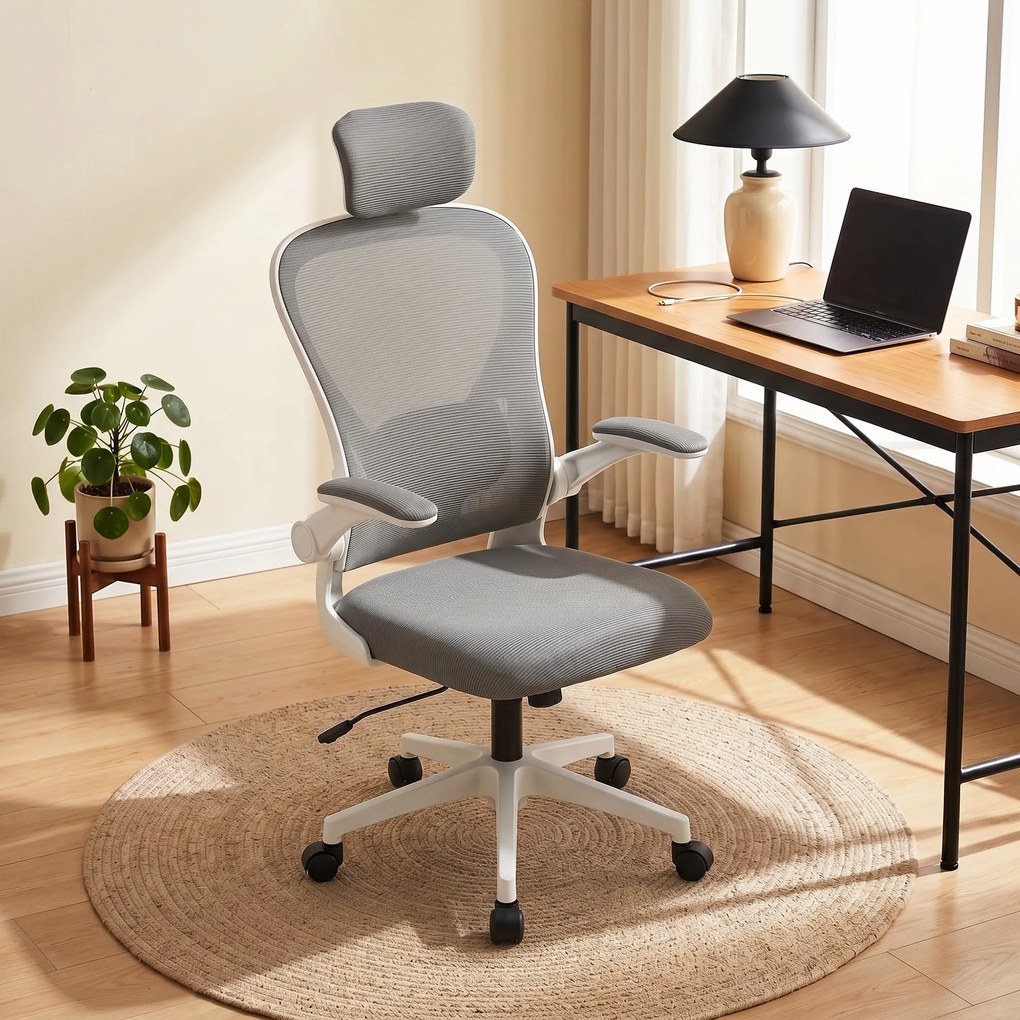 HOMCOM Fotel biurowy Ergonomiczny fotel biurkowy ze składanymi podłokietnikami, regulowanym podparciem lędźwiowym Szary | Aosom PL