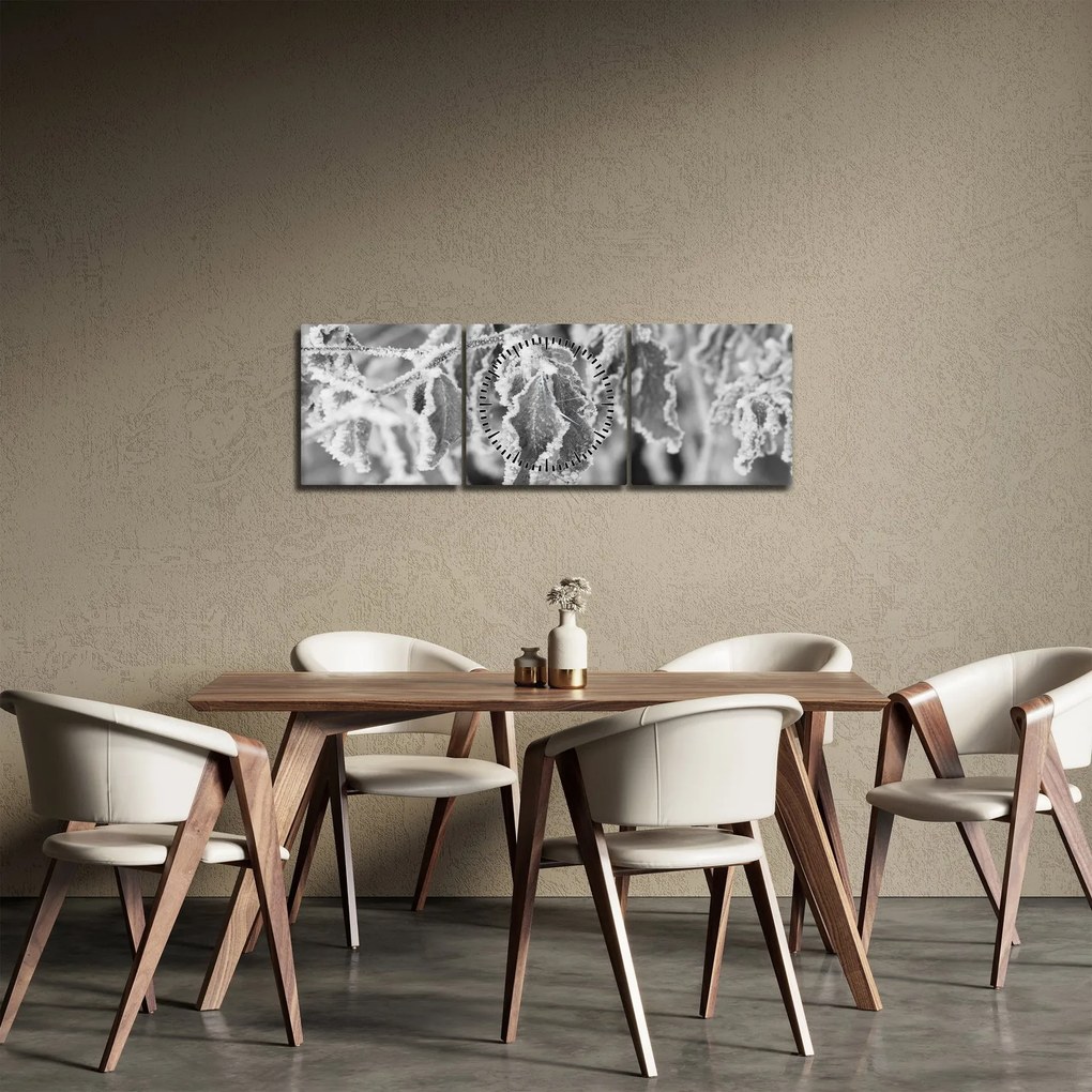 Obraz - Zmarznięte liście, czarno - biały (z zegarem) (90x30 cm)