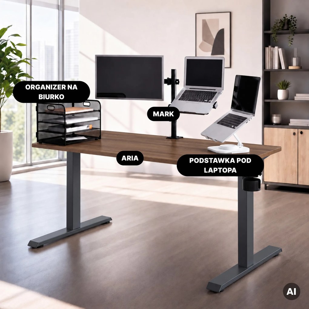 Biurko elektryczne z regulacją wysokości ergonomiczne antracytowe/orzech,1400x700 mm: ARIA
