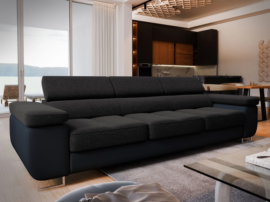 Masseno Sofa MOSINE z funkcją spania, Rozkładana sofa z regulowanymi zagłówkami - Czarny, SAWANA 14 + MADRYT 9100