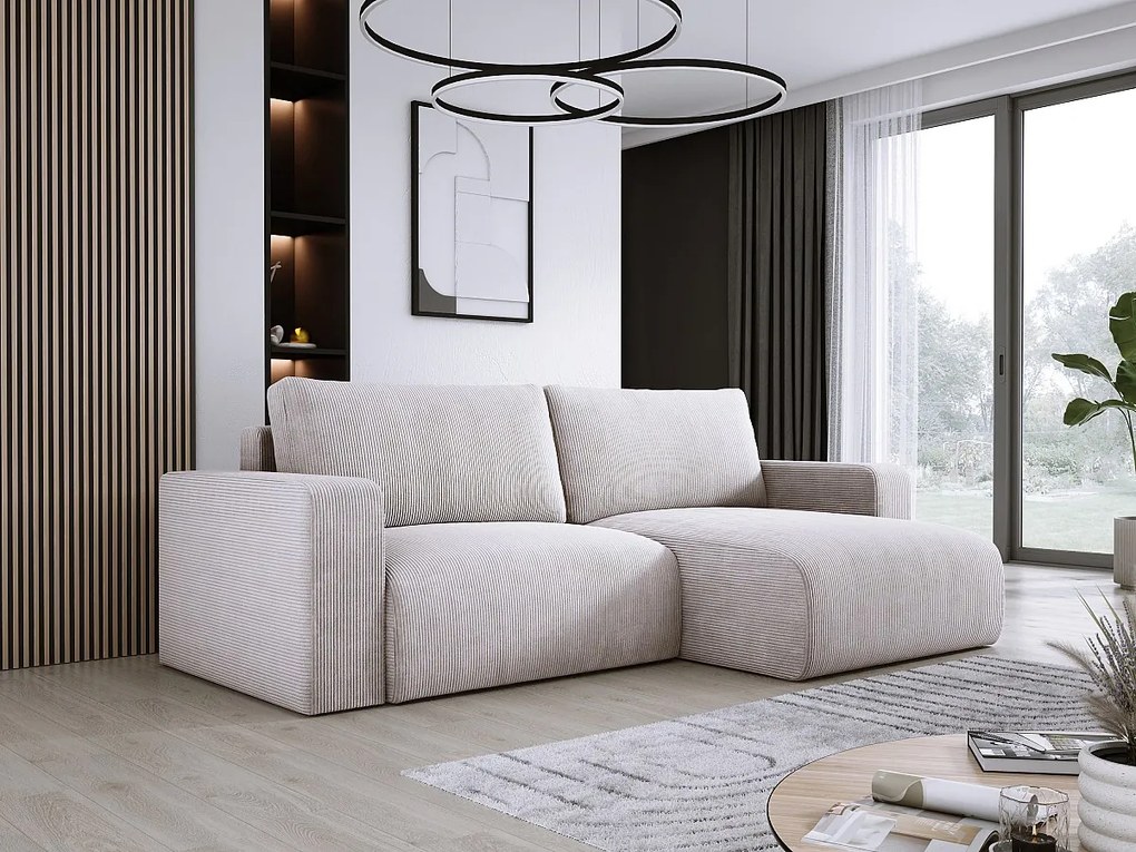 Narożnik z funkcją spania i pojemnikiem, miękki sztruks, prawy, 247x143x83 cm, kolor brudny beż