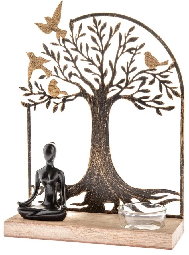 Metalowy świecznik na świeczkę tealight z drewnianą podstawką Buddha, 17 x 23,5 x 6 cm